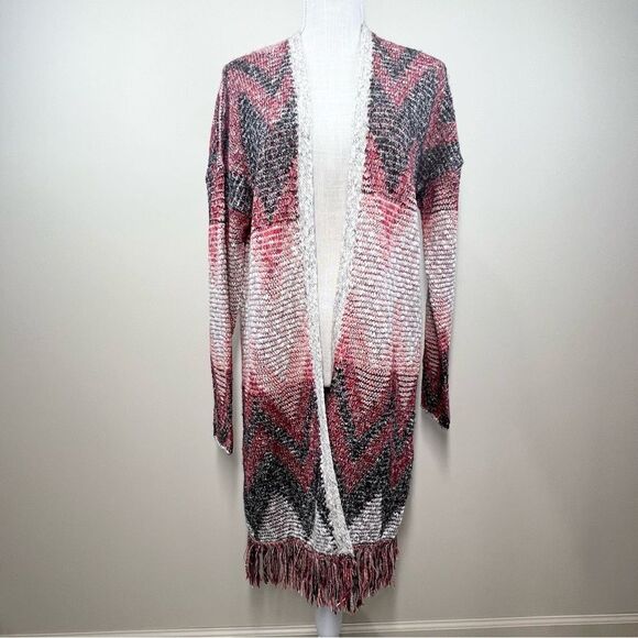 Lucky Brand Chevron Knit Southwestern Knit Fringe Duster Open Front Sweater L - Picture 2 of 13